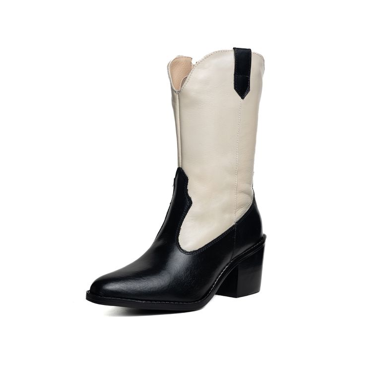 Bota Western Sofia Cano Médio Preta com Off White ... - KUENTO SHOES