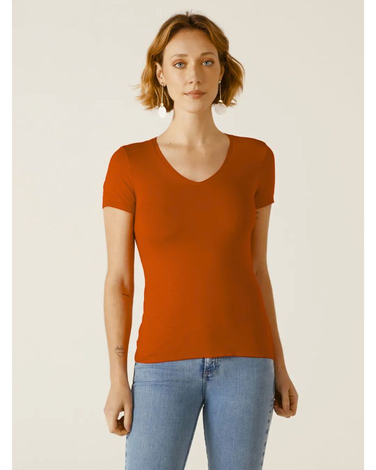 Blusa Básica Feminina Decote V Em Viscose Stretch Terracota