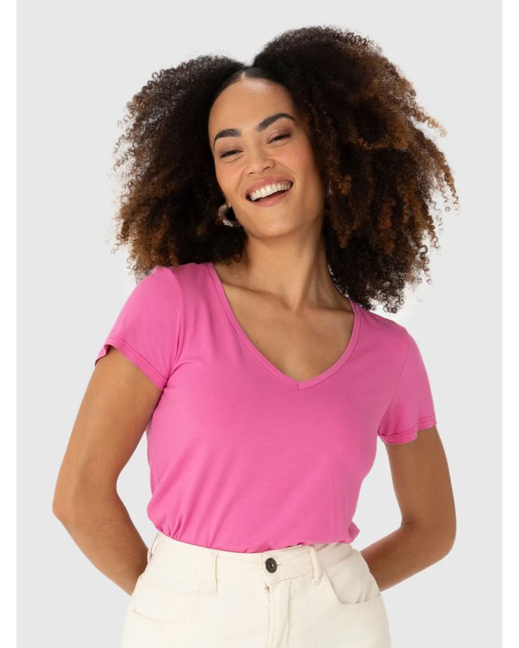Blusa Básica Feminina Mullet Decote V Em Viscose Stretch Rosa