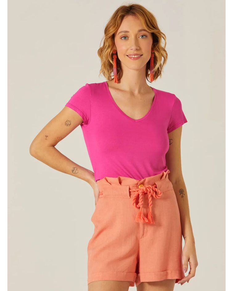 Blusa Básica Feminina Mullet Decote V Em Viscose Stretch Pink