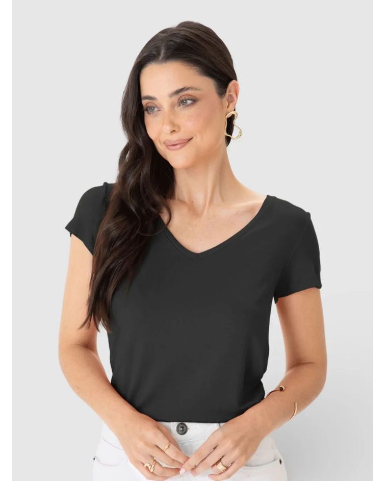 Blusa Básica Feminina Mullet Decote V Em Viscose Stretch Preto