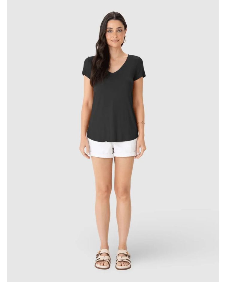 Blusa Básica Feminina Mullet Decote V Em Viscose Stretch Preto