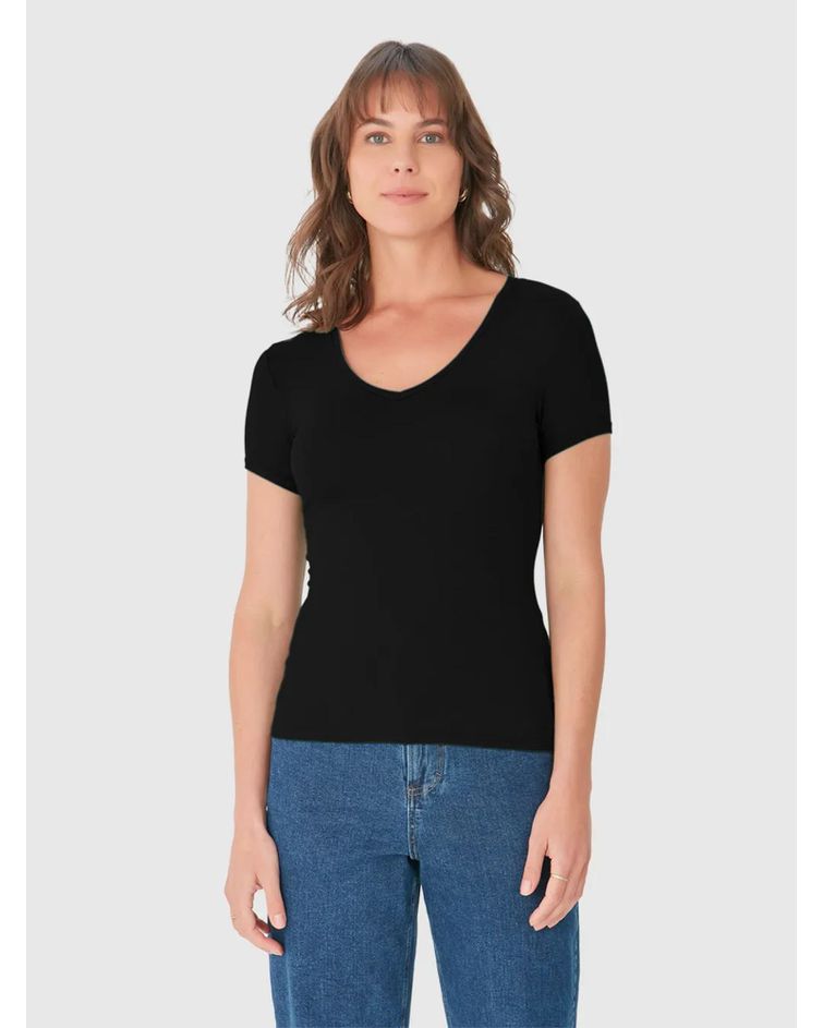 Blusa Básica Feminina Decote V Em Viscose Stretch Preto