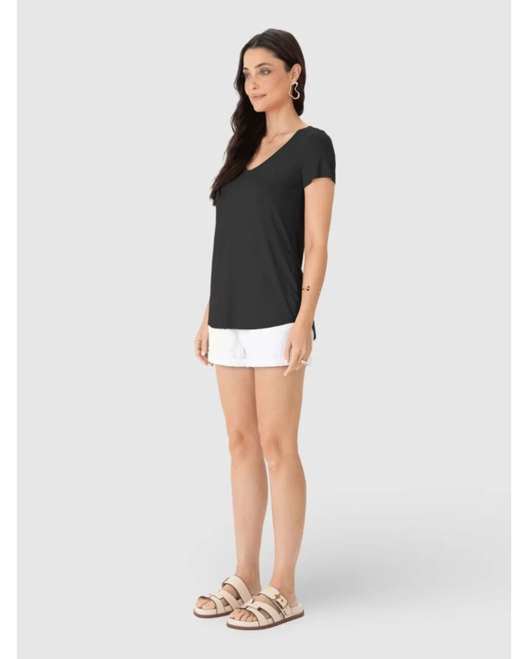 Blusa Básica Feminina Mullet Decote V Em Viscose Stretch Preto