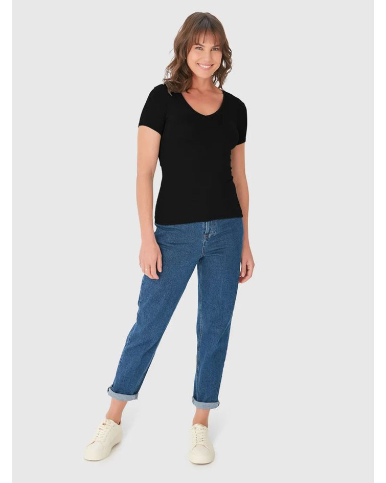 Blusa Básica Feminina Decote V Em Viscose Stretch Preto