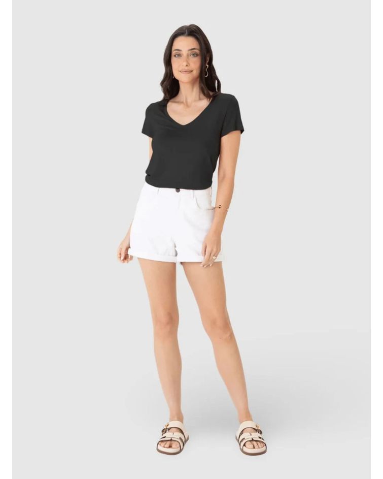 Blusa Básica Feminina Mullet Decote V Em Viscose Stretch Preto