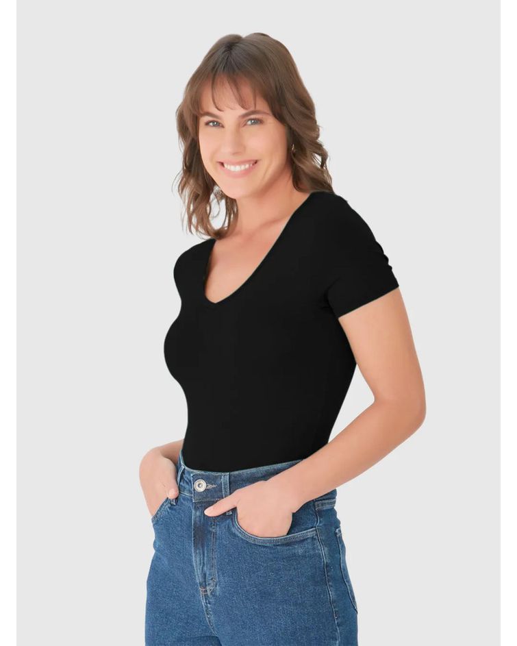 Blusa Básica Feminina Decote V Em Viscose Stretch Preto