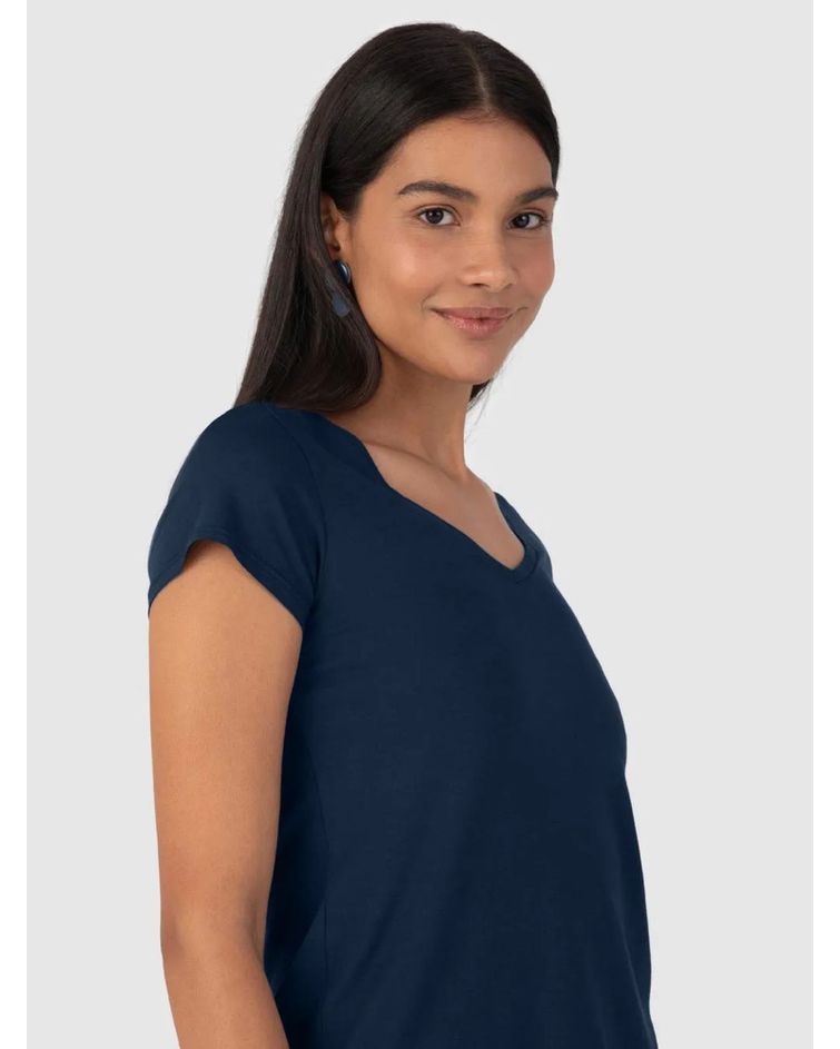 Blusa Básica Feminina Mullet Decote V Em Viscose Stretch Azul Marinho