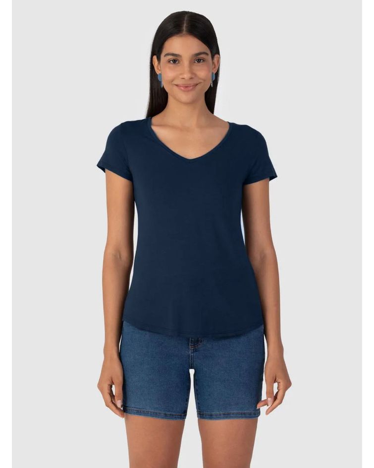 Blusa Básica Feminina Mullet Decote V Em Viscose Stretch Azul Marinho