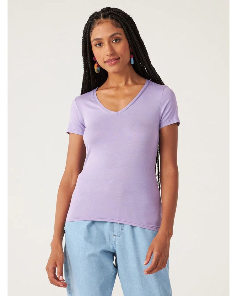 Blusa Básica Feminina Decote V Em Viscose Stretch Lilás