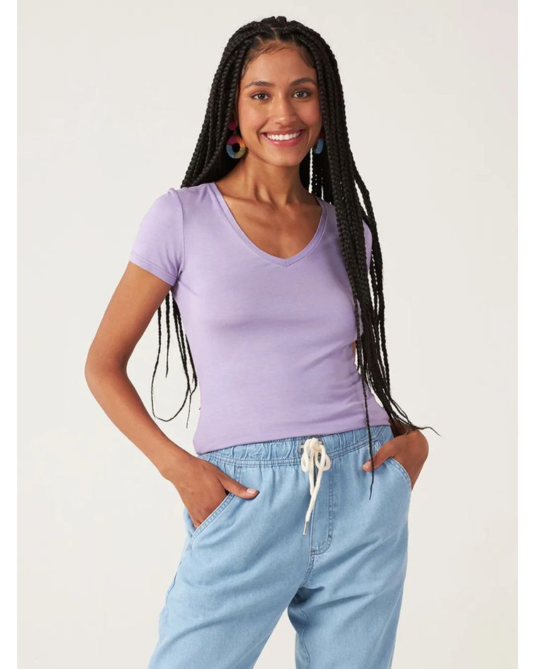 Blusa Básica Feminina Decote V Em Viscose Stretch Lilás