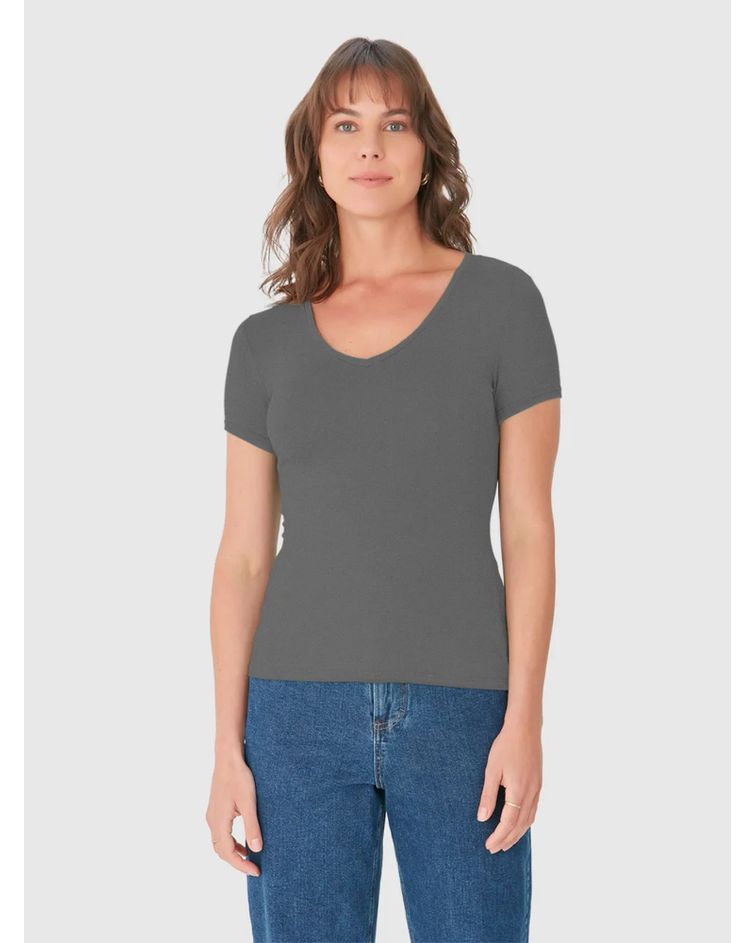 Blusa Básica Feminina Decote V Em Viscose Stretch Cinza