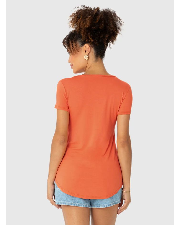 Blusa Básica Feminina Mullet Decote V Em Viscose Stretch Laranja Escuro