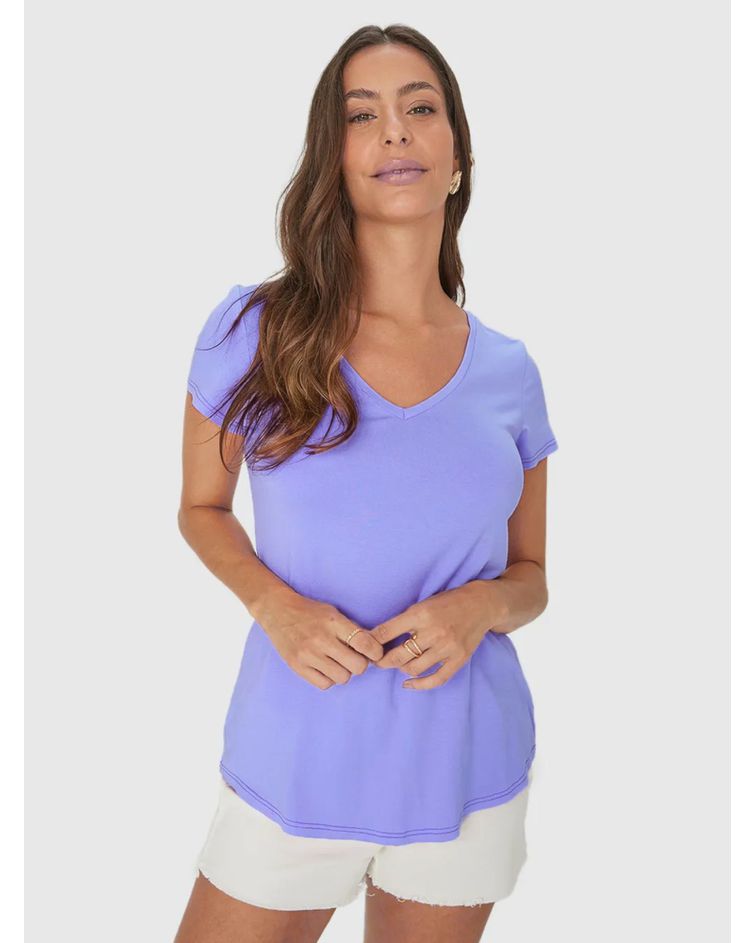Blusa Básica Feminina Mullet Decote V Em Viscose Stretch Lilás