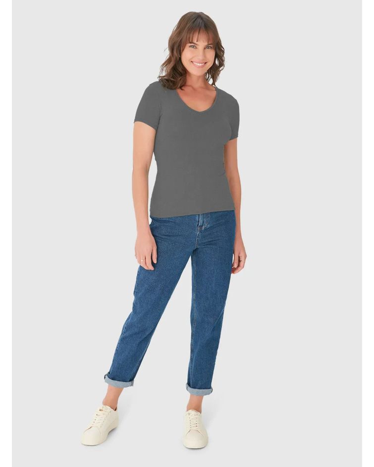 Blusa Básica Feminina Decote V Em Viscose Stretch Cinza