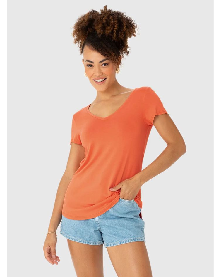 Blusa Básica Feminina Mullet Decote V Em Viscose Stretch Laranja Escuro