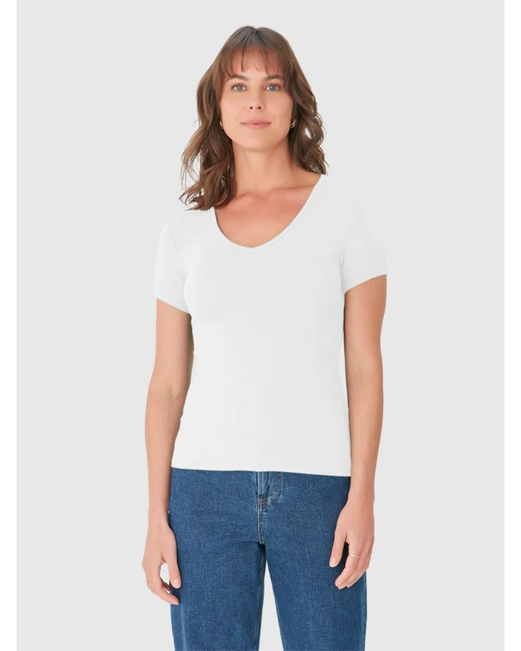 Blusa Básica Feminina Decote V Em Viscose Stretch Branco