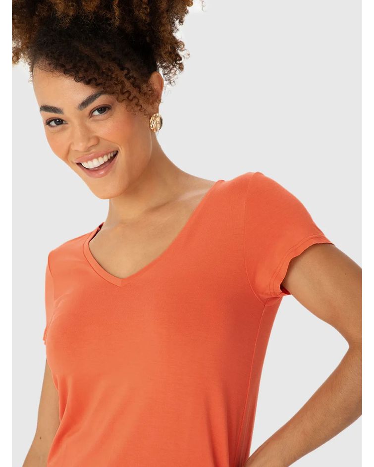Blusa Básica Feminina Mullet Decote V Em Viscose Stretch Laranja Escuro