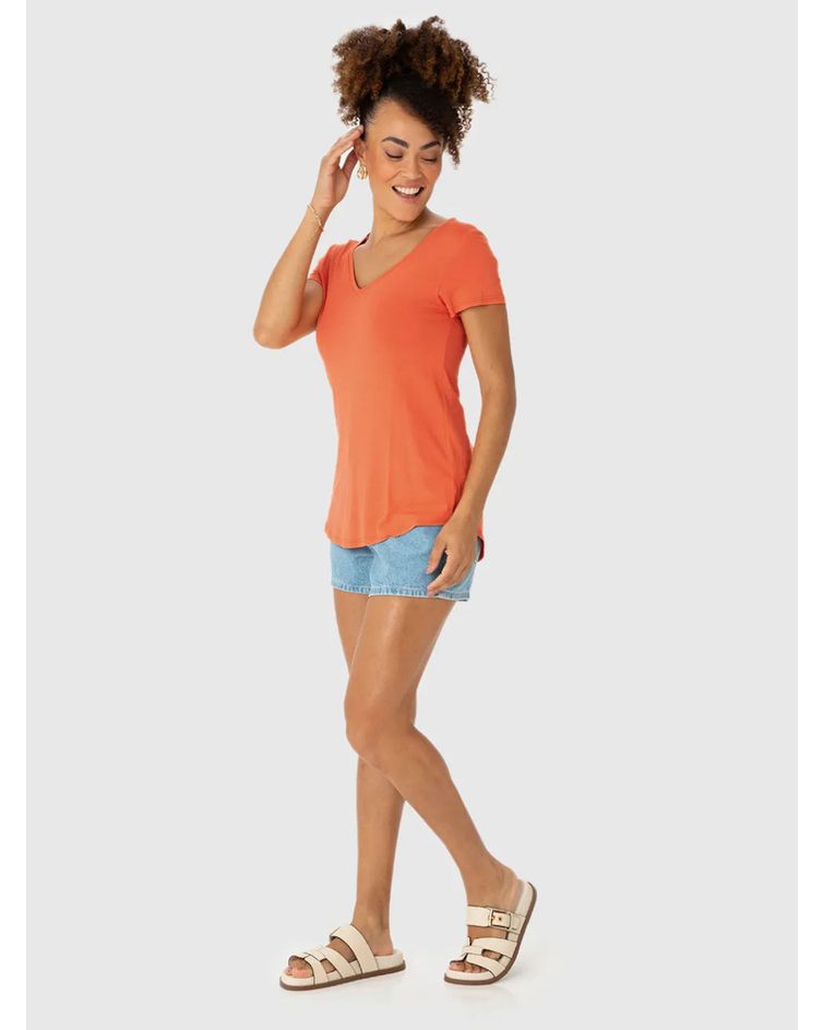 Blusa Básica Feminina Mullet Decote V Em Viscose Stretch Laranja Escuro