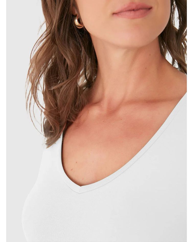 Blusa Básica Feminina Decote V Em Viscose Stretch Branco