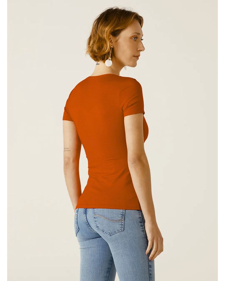 Blusa Básica Feminina Decote V Em Viscose Stretch Terracota