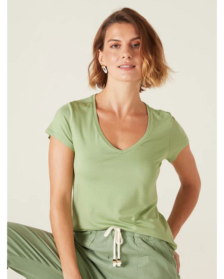 Blusa Básica Feminina Mullet Decote V Em Viscose Stretch Verde