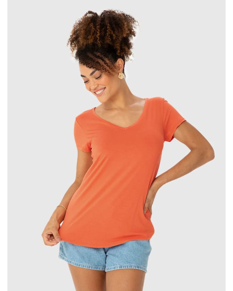 Blusa Básica Feminina Mullet Decote V Em Viscose Stretch Laranja Escuro