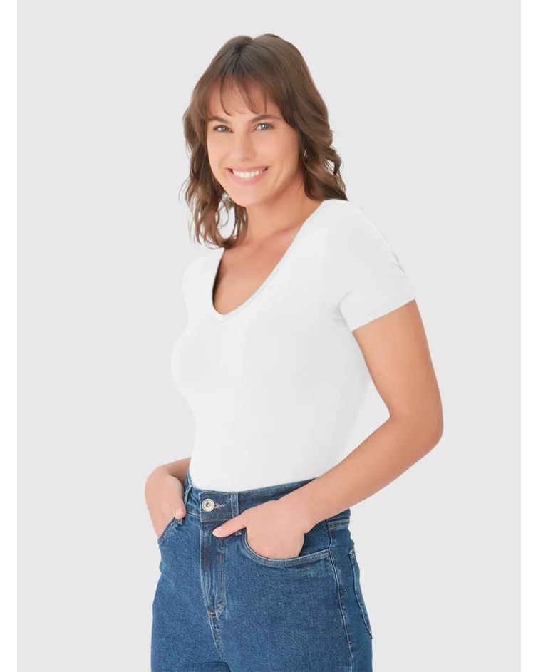 Blusa Básica Feminina Decote V Em Viscose Stretch Branco