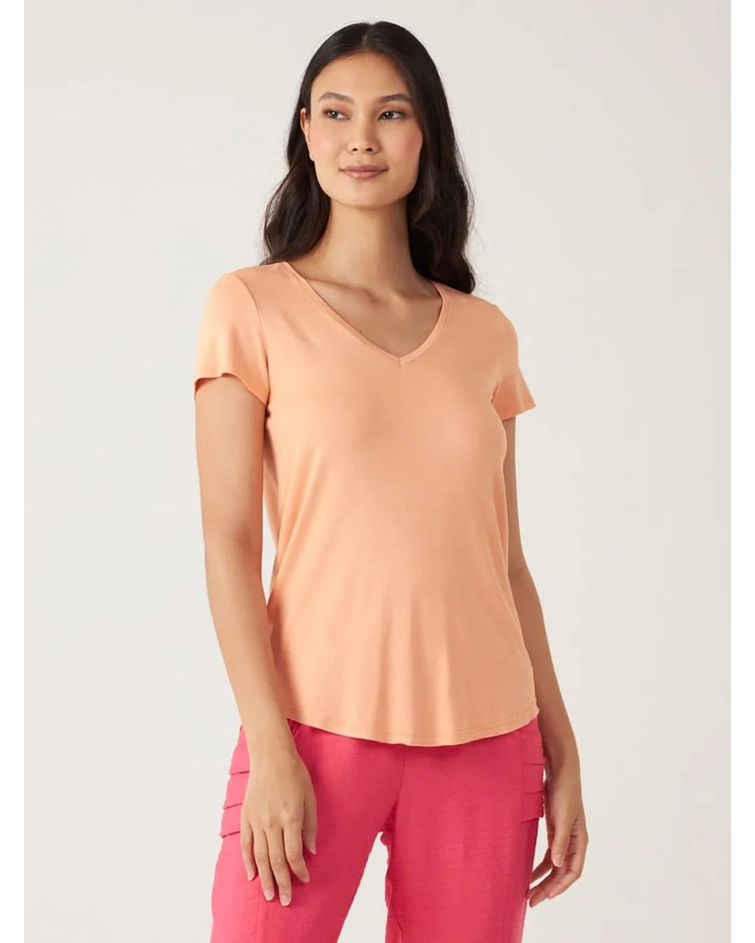 Blusa Básica Feminina Mullet Decote V Em Viscose Stretch Laranja