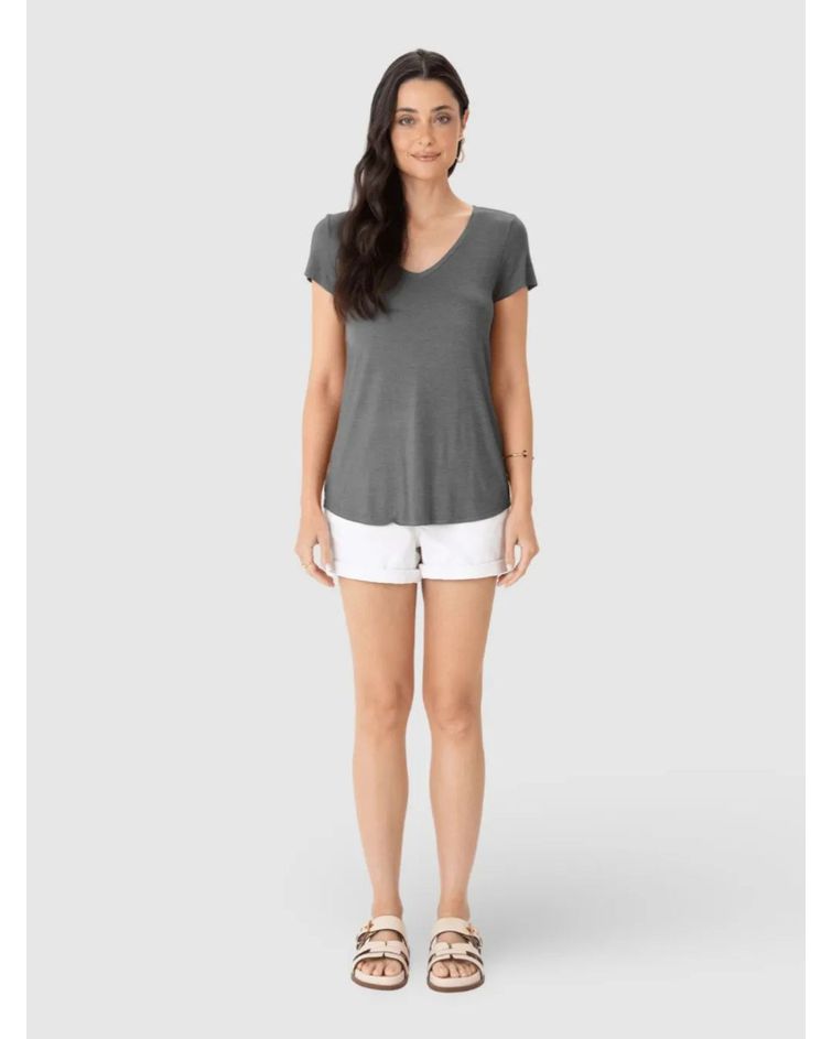 Blusa Básica Feminina Mullet Decote V Em Viscose Stretch Cinza