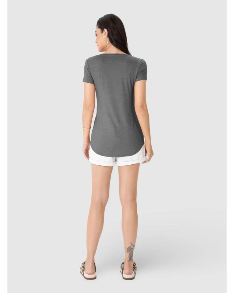 Blusa Básica Feminina Mullet Decote V Em Viscose Stretch Cinza