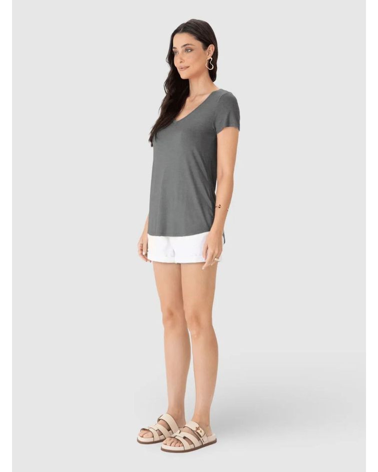 Blusa Básica Feminina Mullet Decote V Em Viscose Stretch Cinza