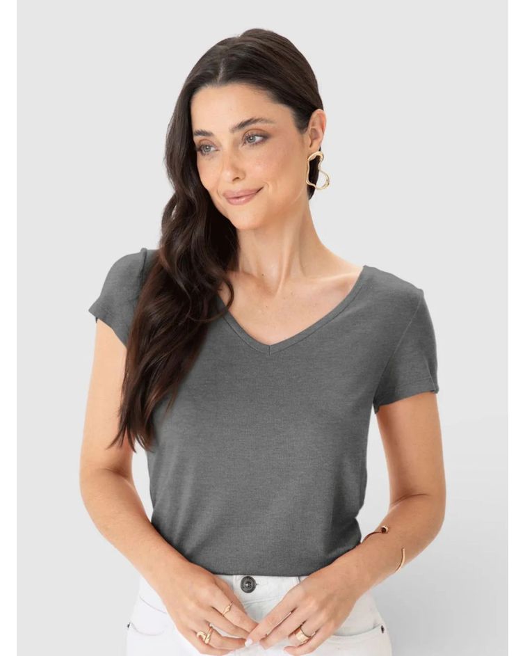 Blusa Básica Feminina Mullet Decote V Em Viscose Stretch Cinza