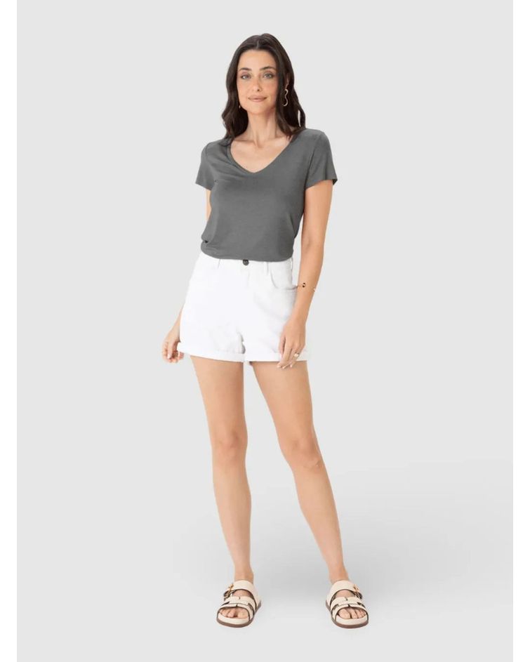 Blusa Básica Feminina Mullet Decote V Em Viscose Stretch Cinza