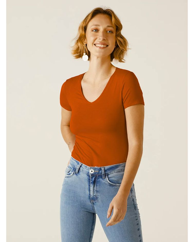 Blusa Básica Feminina Decote V Em Viscose Stretch Terracota