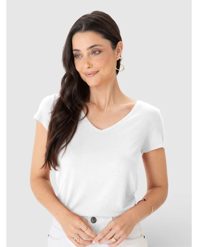 Blusa Básica Feminina Mullet Decote V Em Viscose Stretch Branco