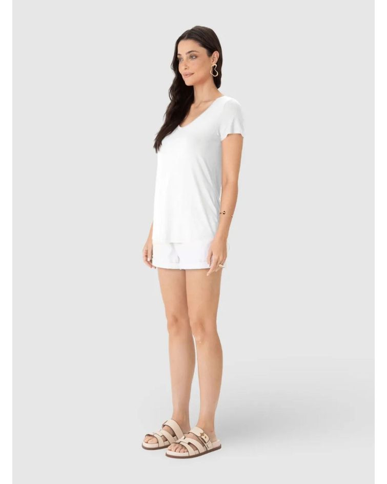 Blusa Básica Feminina Mullet Decote V Em Viscose Stretch Branco