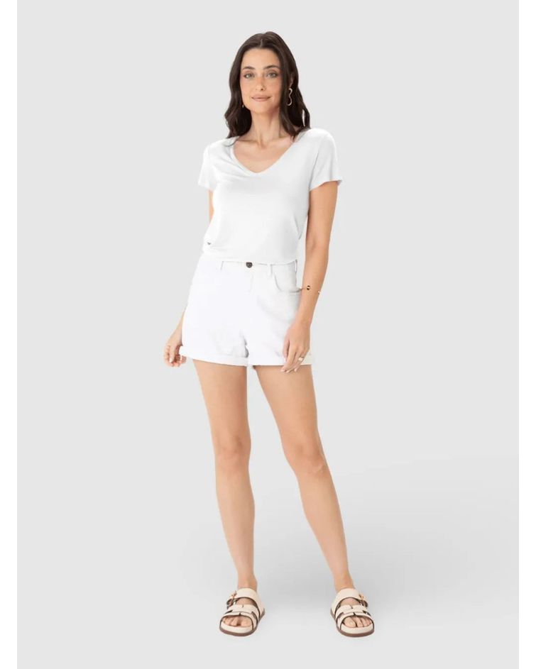 Blusa Básica Feminina Mullet Decote V Em Viscose Stretch Branco
