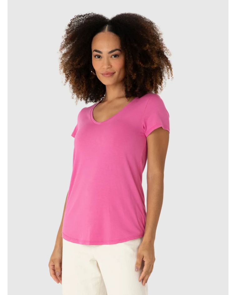 Blusa Básica Feminina Mullet Decote V Em Viscose Stretch Rosa