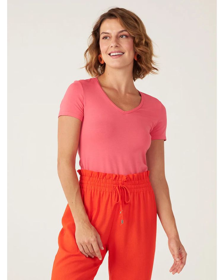 Blusa Básica Feminina Decote V Em Viscose Stretch Salmão