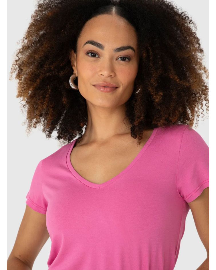 Blusa Básica Feminina Mullet Decote V Em Viscose Stretch Rosa