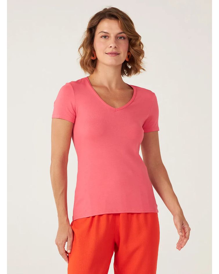 Blusa Básica Feminina Decote V Em Viscose Stretch Salmão