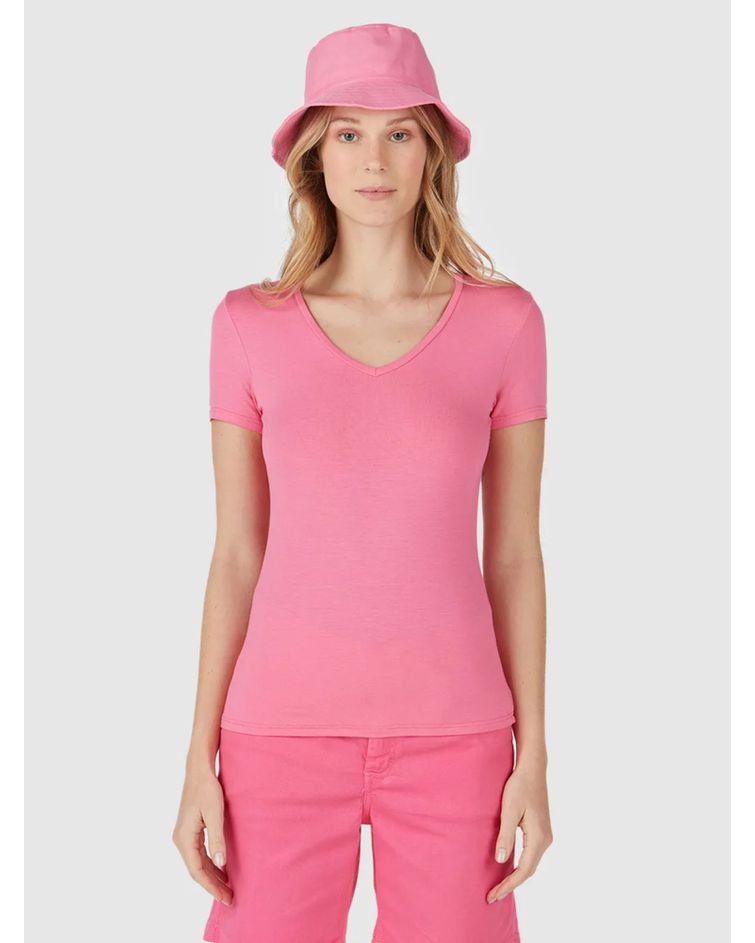 Blusa Básica Feminina Decote V Em Viscose Stretch Rosa