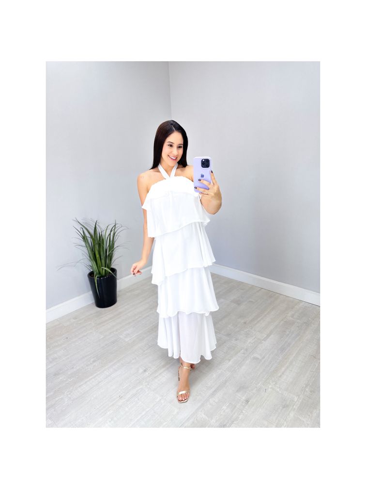 VESTIDO LONGO CREPE BABADOS BRANCO - Lelle & Co 