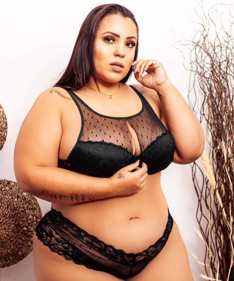 Conjunto Plus Size Tule Preto Bolinha e Caleçon Renda