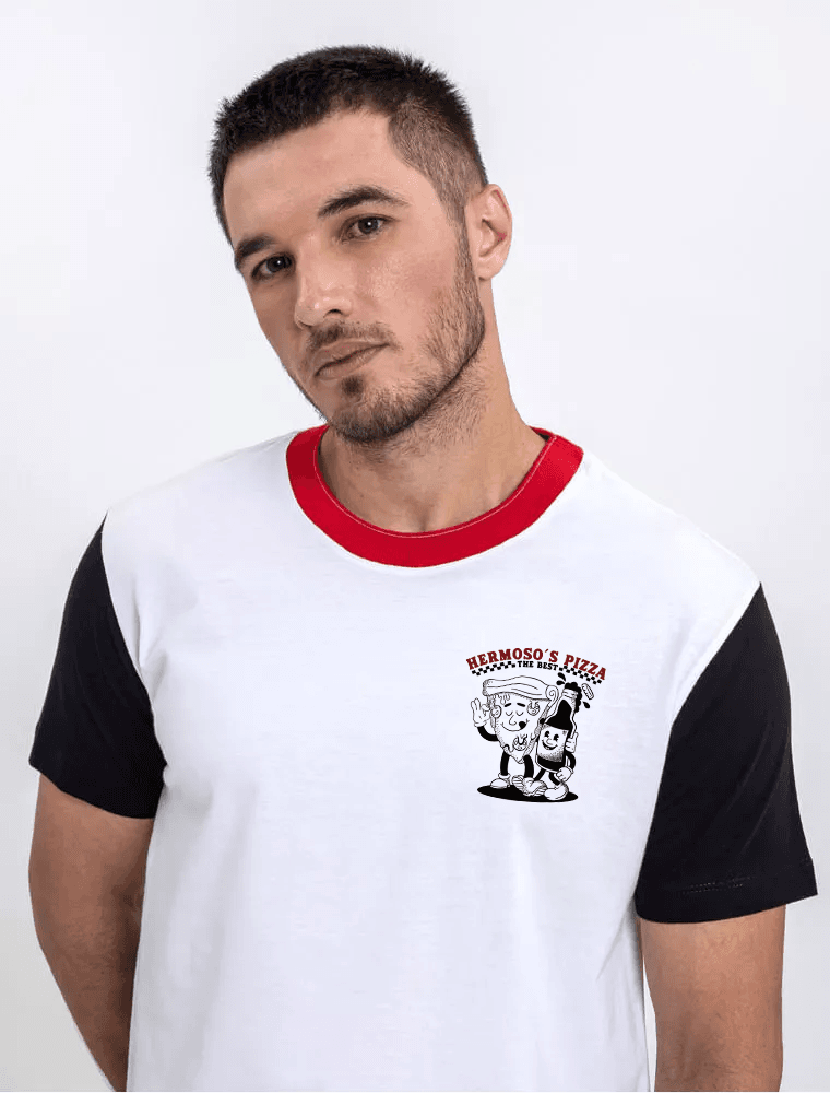 Camiseta PIZZA Gola Ringer Tricolor - Hermoso Compadre