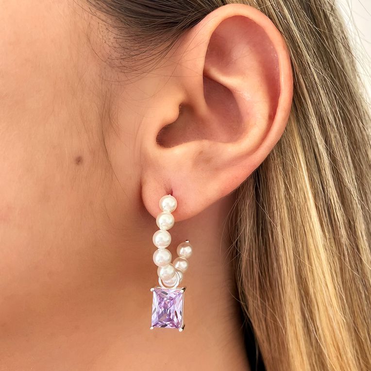 Brinco Argola Pérolas Zircônia Lilás em Prata 925 