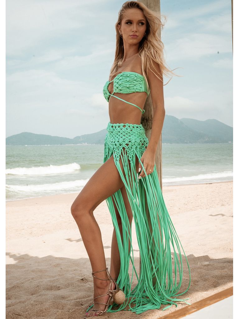 Saia Macramê Bali Verde Água - Fika Beachwear