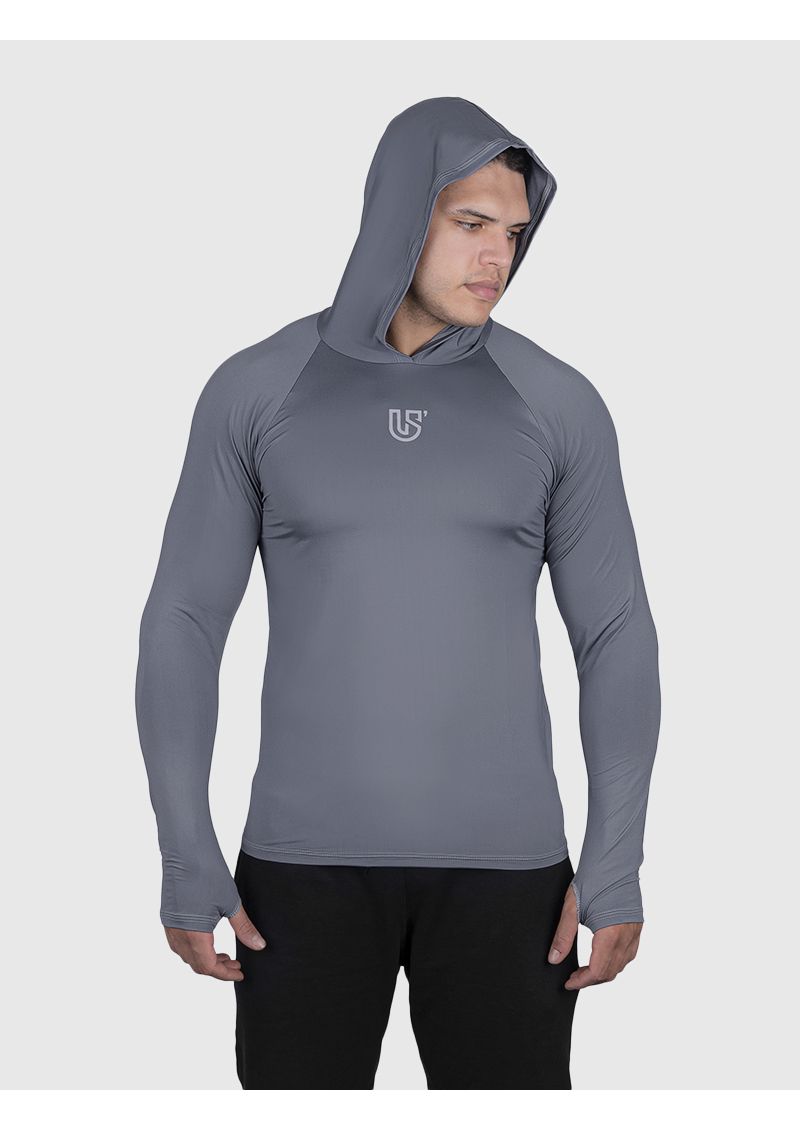 Camiseta Cinza USUP Capuz Manga Longa Microdry UV50+ Com Abertura de Polegar