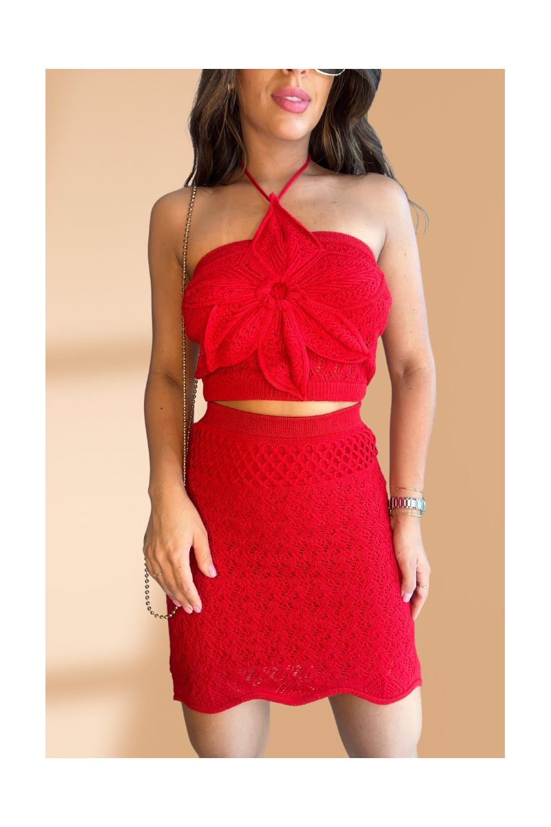 Conjunto Crochê Flor Vermelho